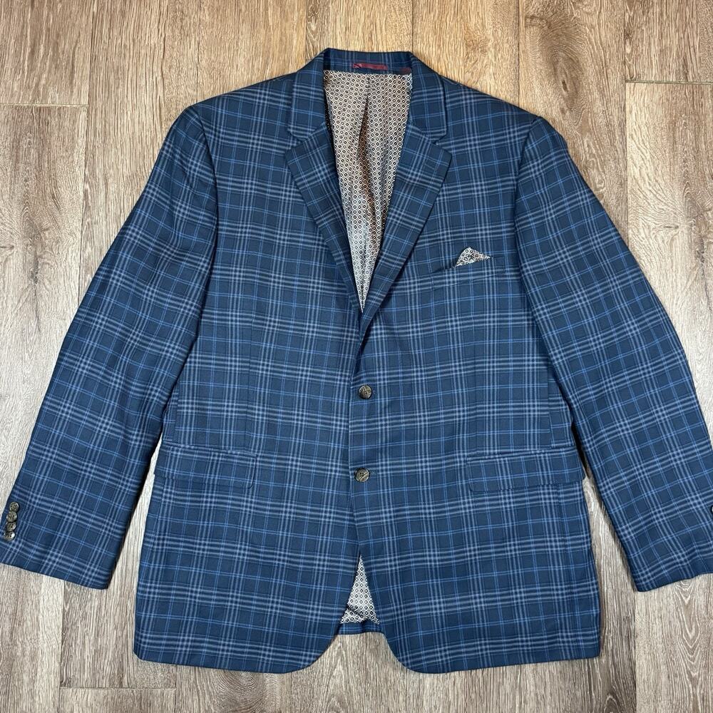 Johnston & Murphy Sport Coat XL Jacket Blue Stretch Knit Mens 2 Button Check